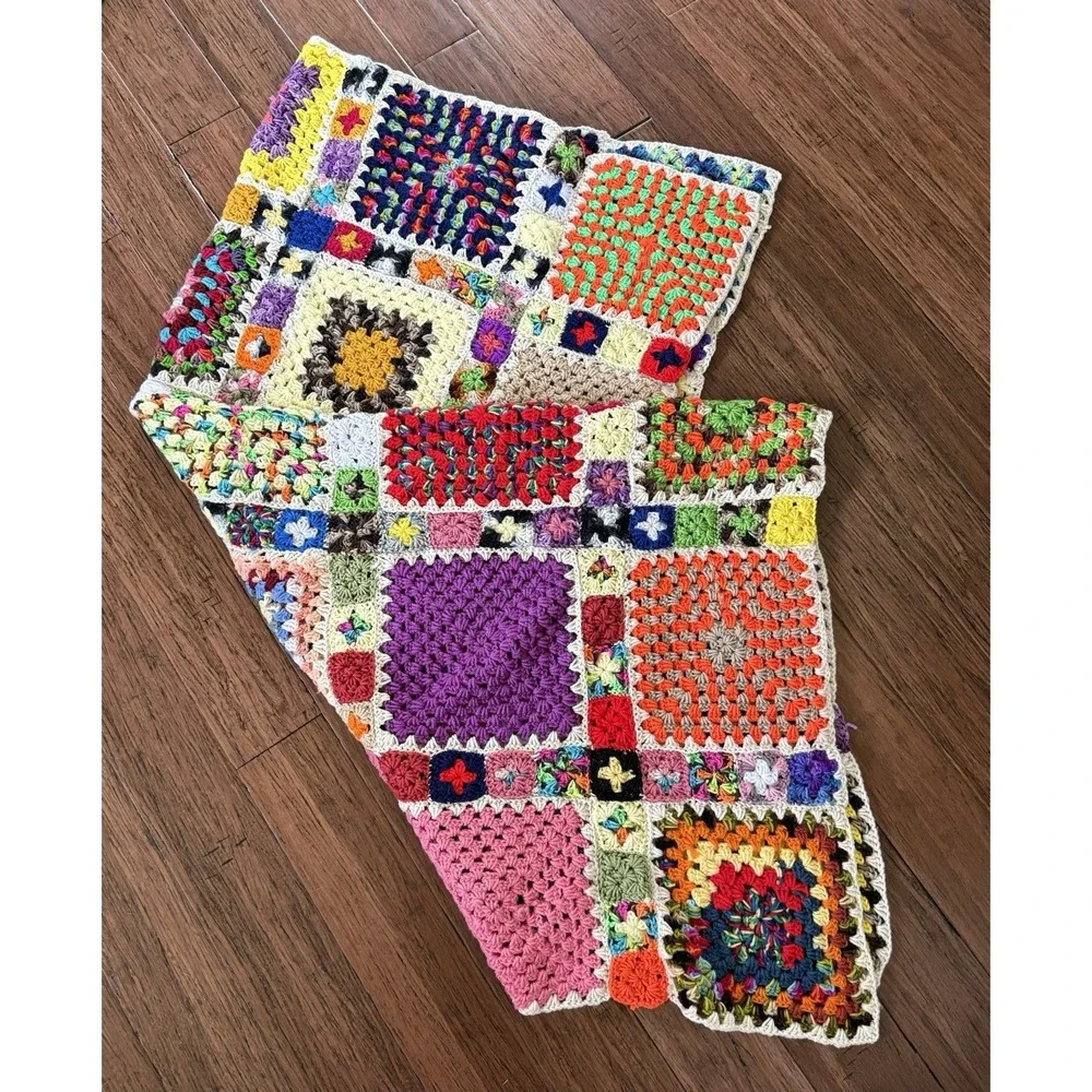 Vintage Multicolored Granny Square Afghan Throw Blanket 61 x 61.